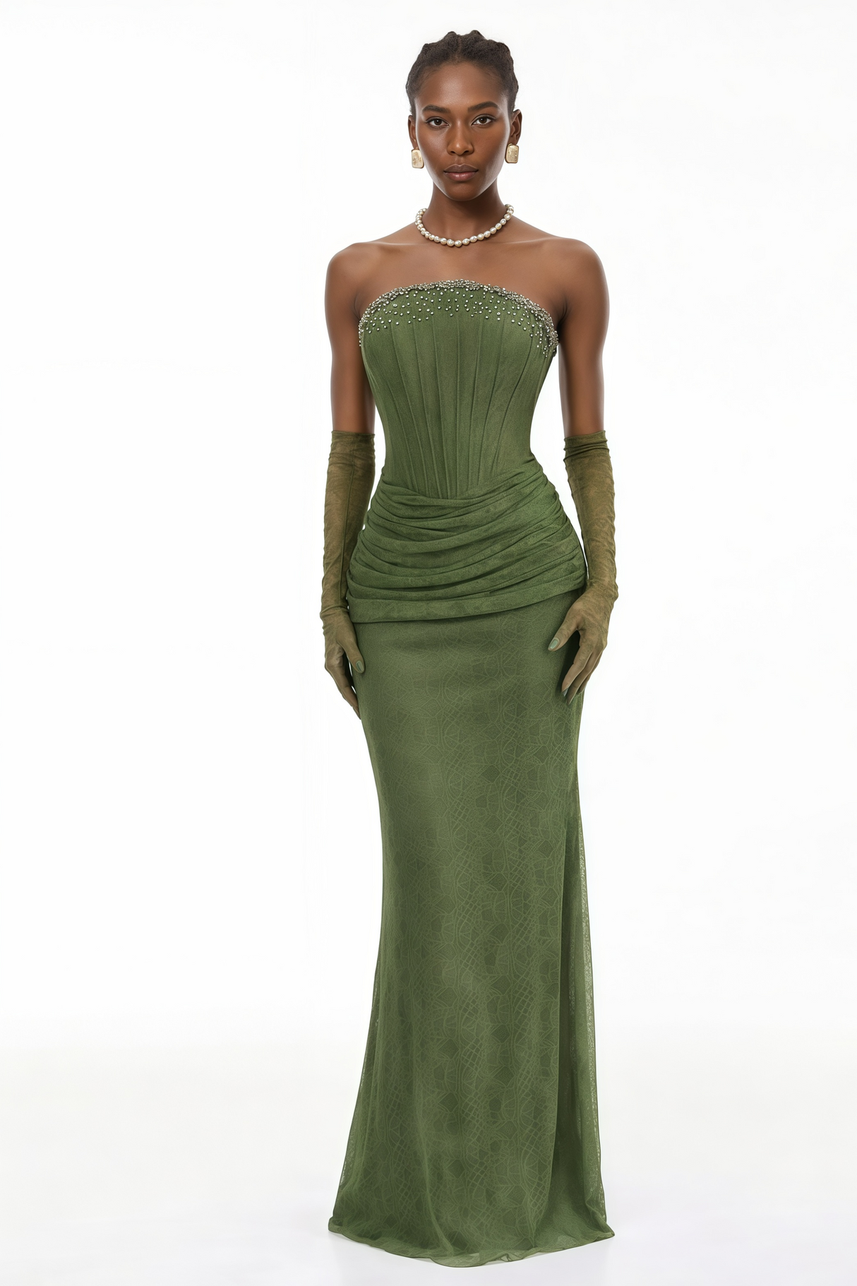 Aurohaya Franziska Green Embellished Corset Maxi Dress (Without Gloves)