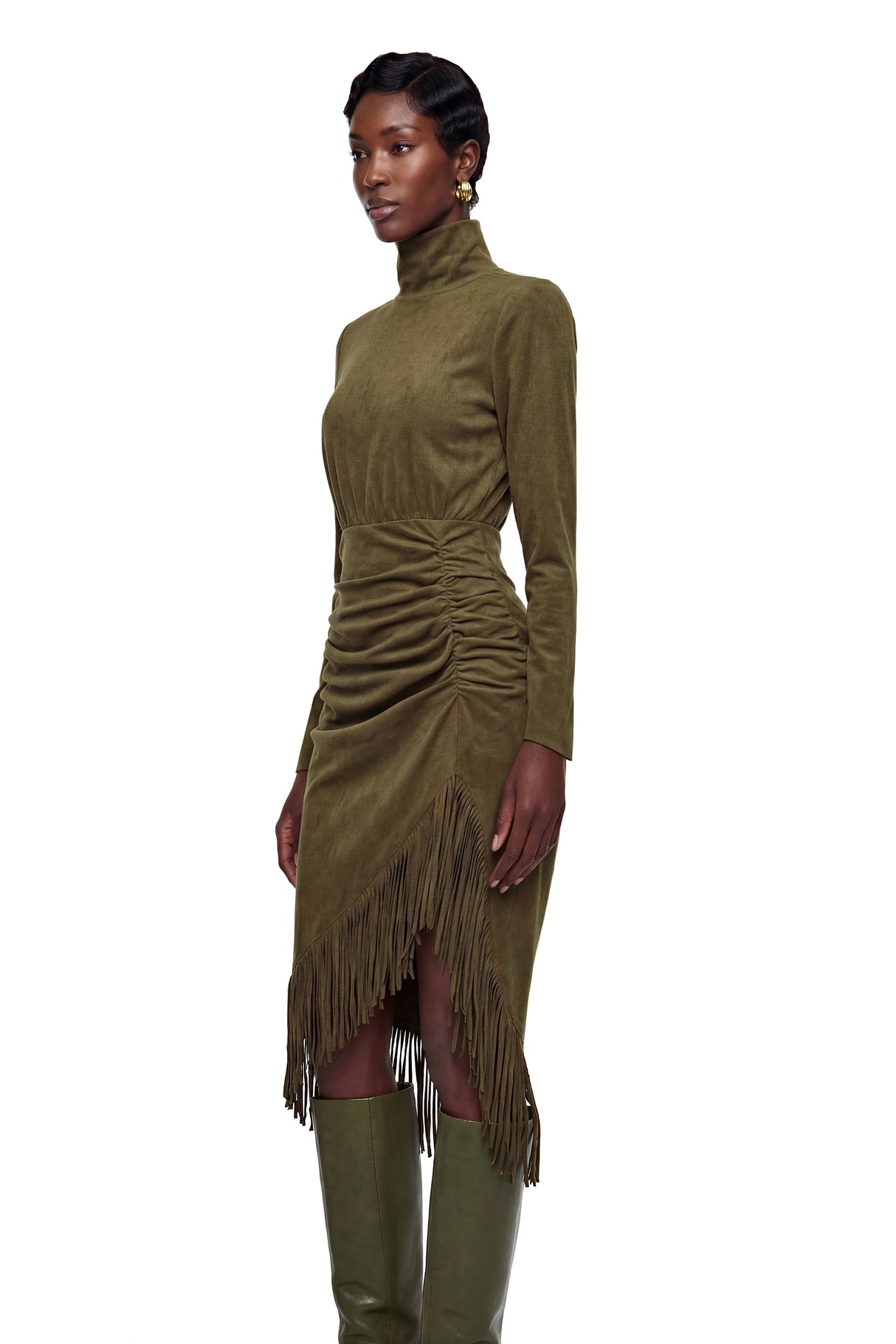 Aurohaya Freya Green High Neck Midi Dress with Fringe