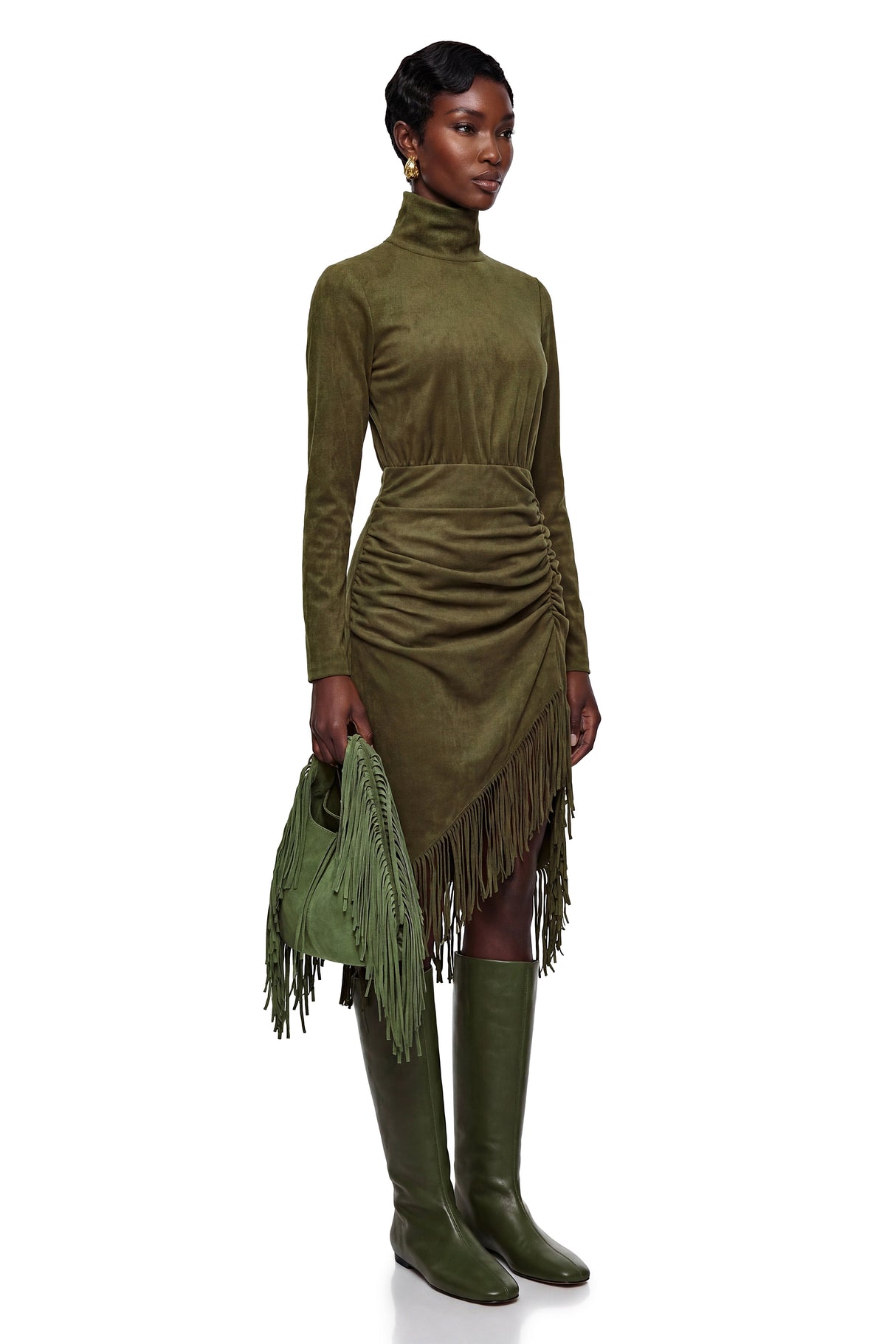 Aurohaya Freya Green High Neck Midi Dress with Fringe