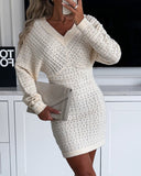 V-Neck Hollow Out Long Sleeve Knit Dress