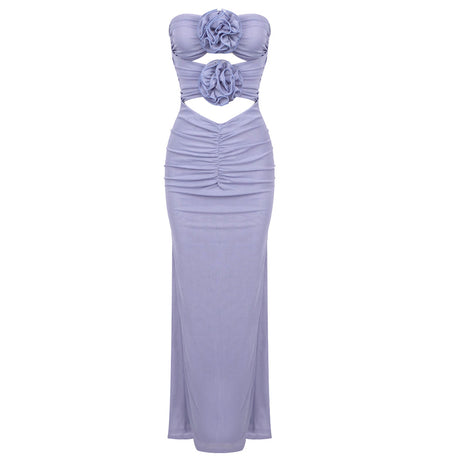 Aurohaya Cressida Strapless Ruched Maxi Dress Purple