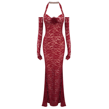 Aurohaya Violaine Lace Halter Maxi Dress