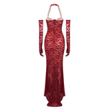 Aurohaya Violaine Lace Halter Maxi Dress Red
