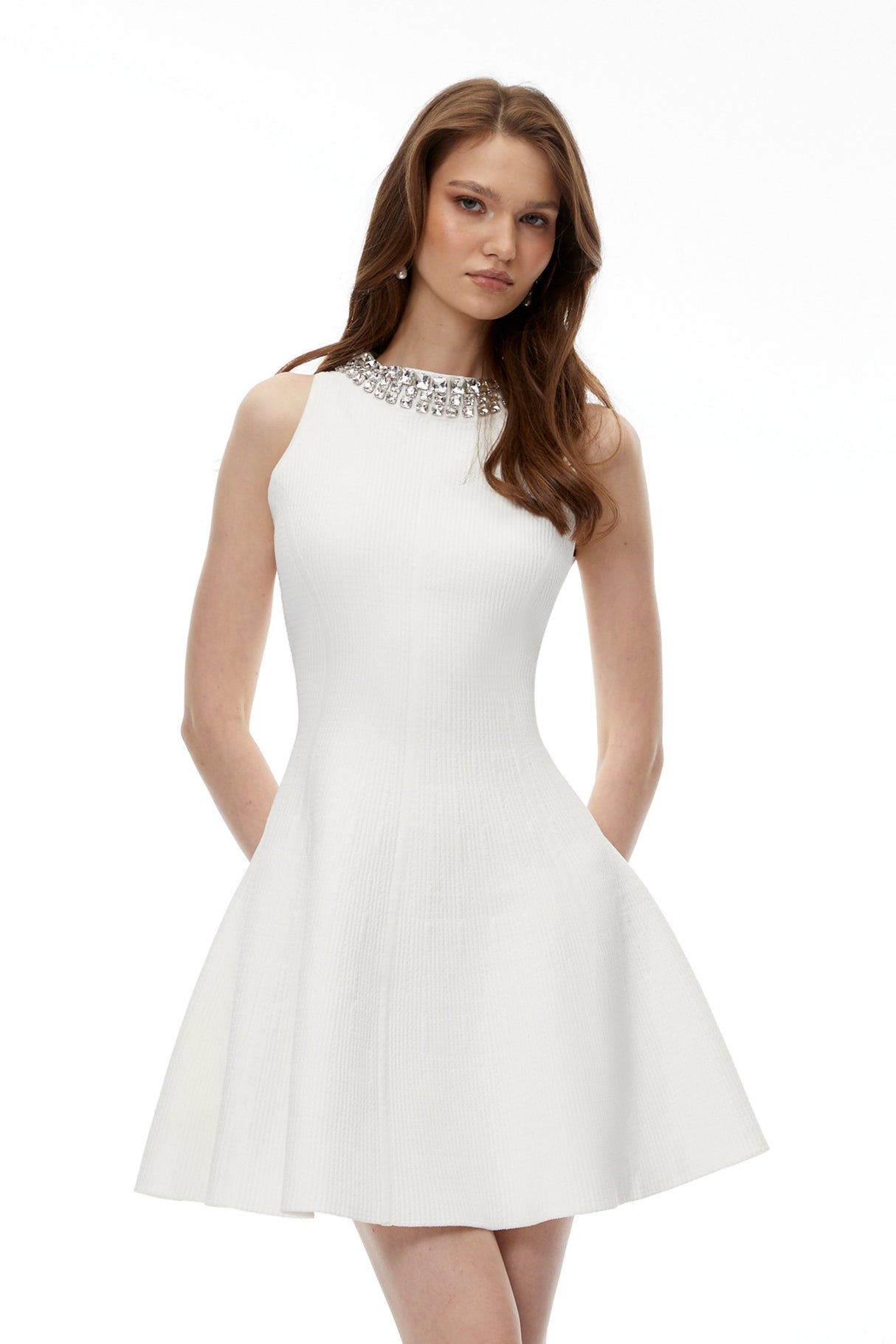 Aurohaya Galatea White Embellished Sleeveless Mini Dress
