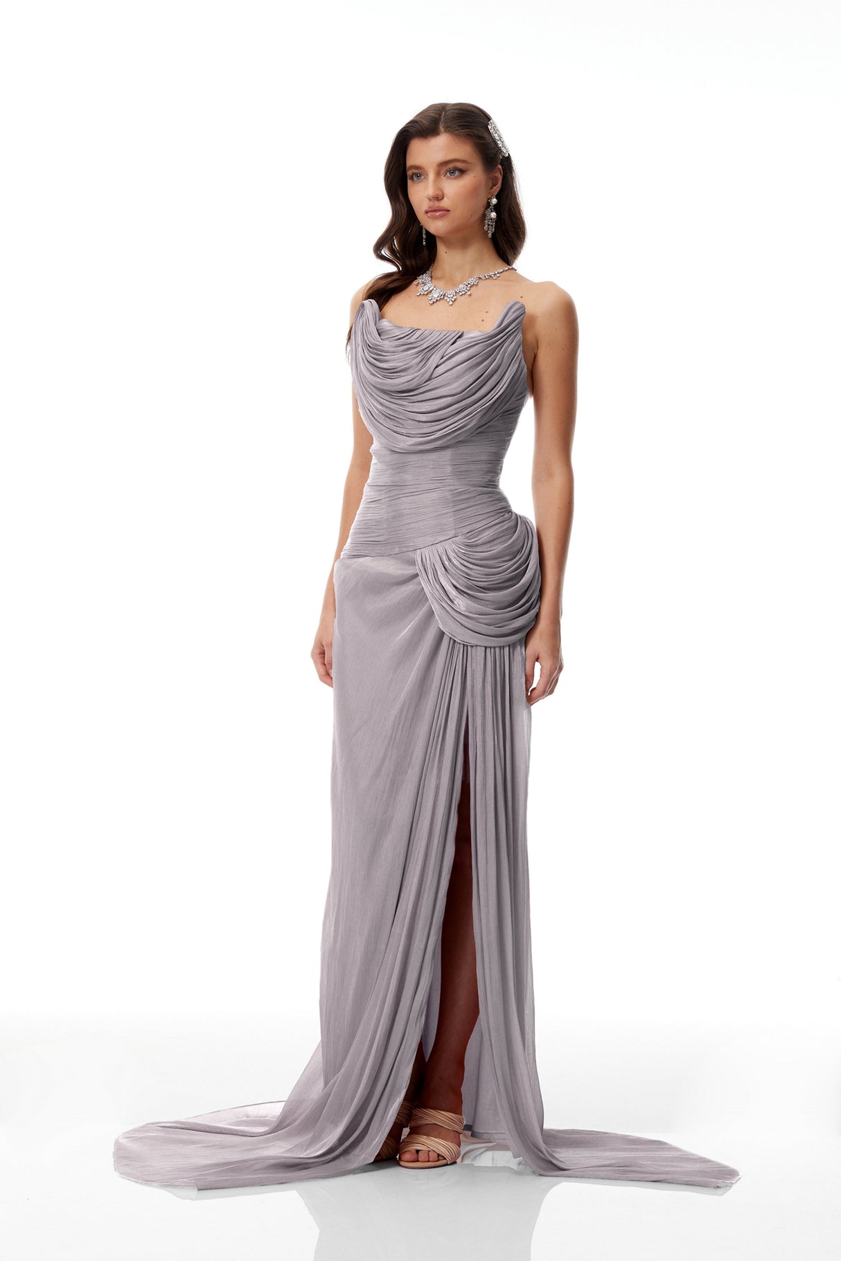 Aurohaya Gelsomina Grey Asymmetrical Glossy Gathered Maxi Dress