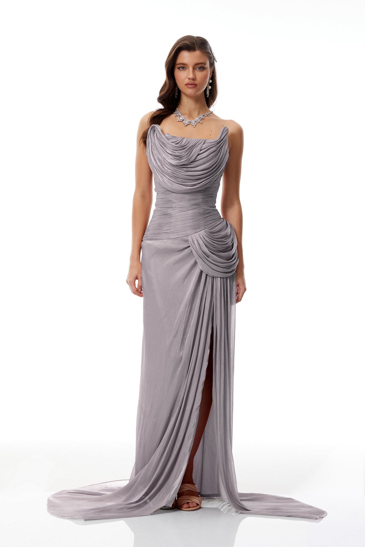 Aurohaya Gelsomina Grey Asymmetrical Glossy Gathered Maxi Dress