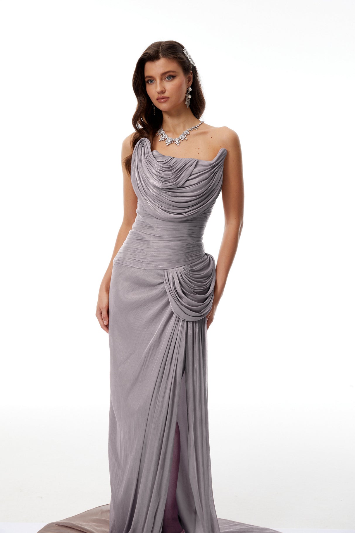 Aurohaya Gelsomina Grey Asymmetrical Glossy Gathered Maxi Dress