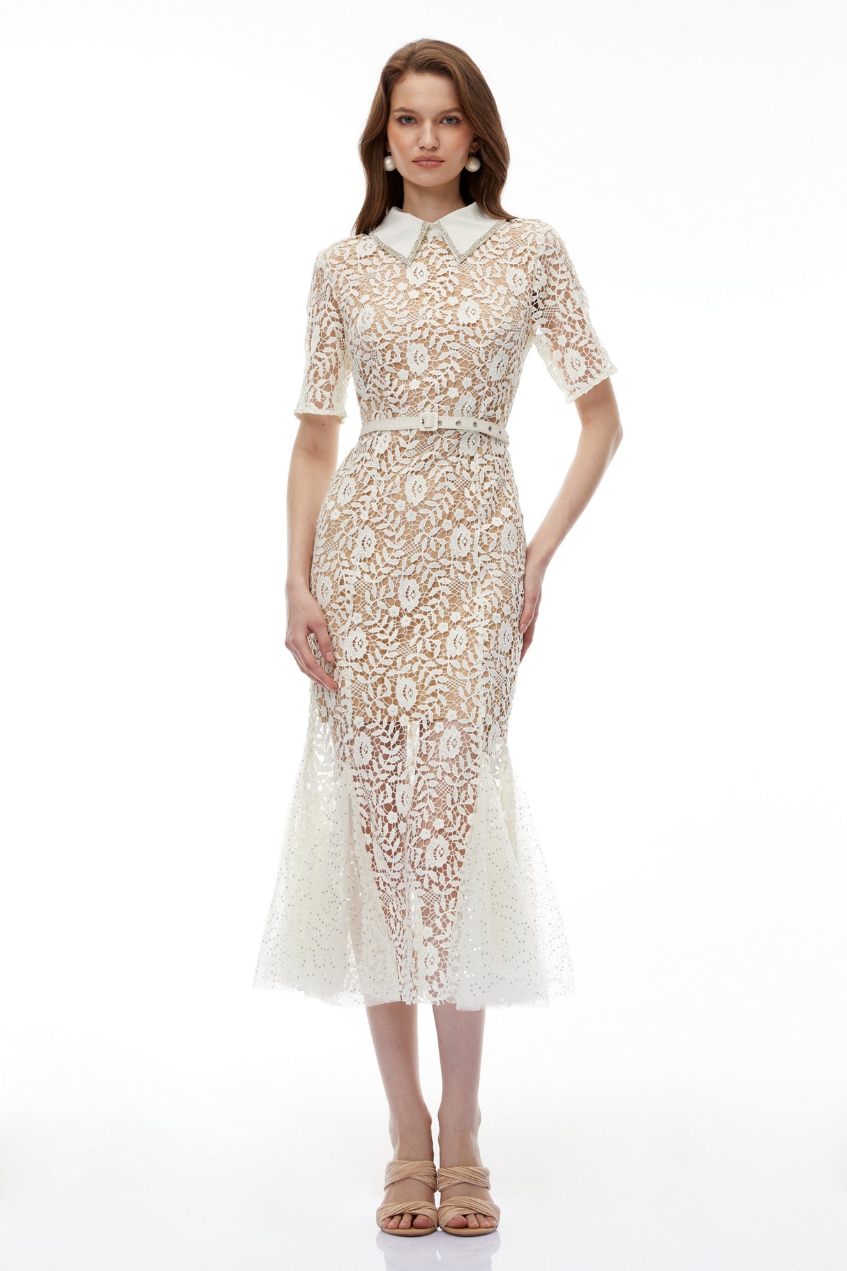 Aurohaya Genevieve Neutral Floral Lace Maxi Dress