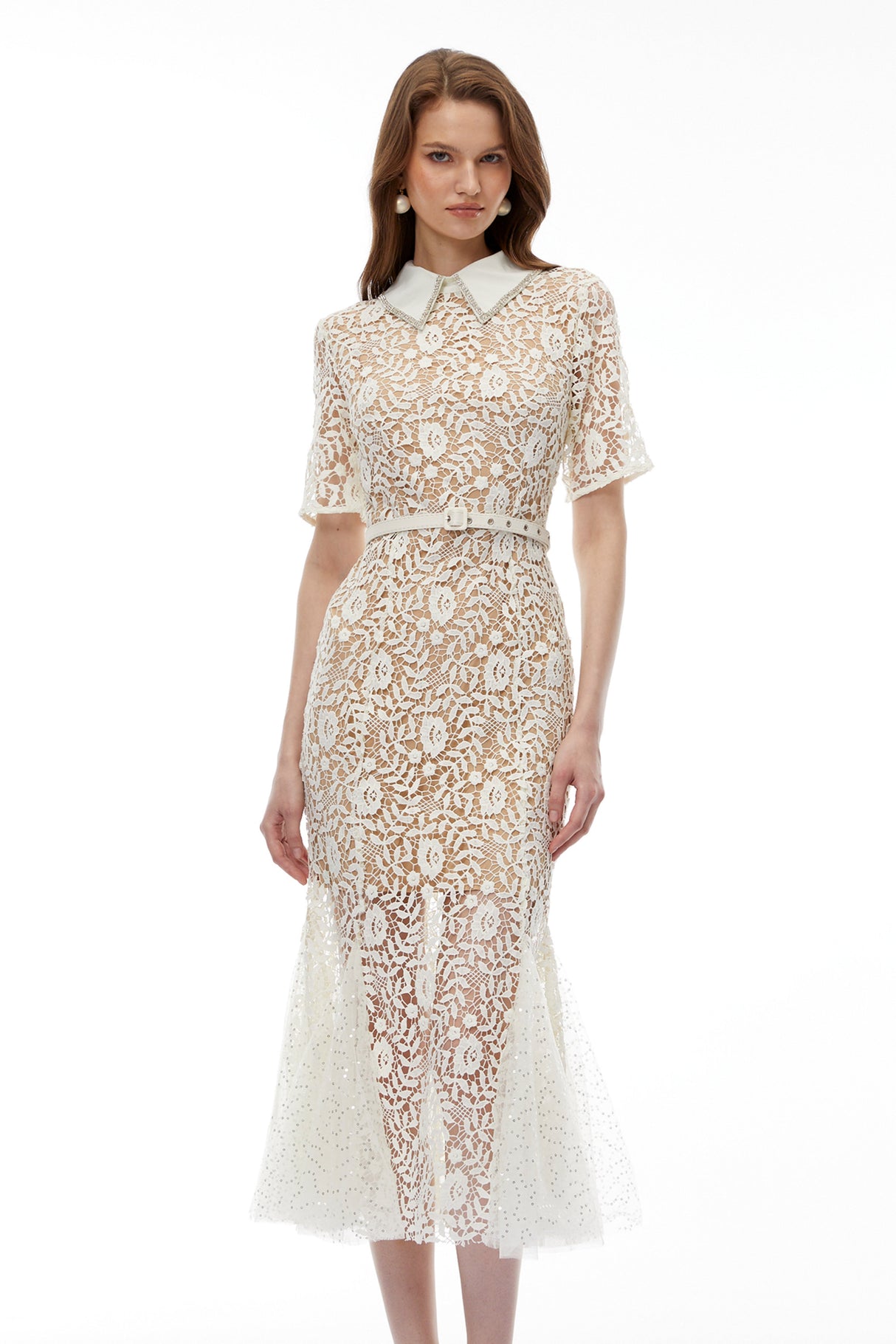 Aurohaya Genevieve Neutral Floral Lace Maxi Dress