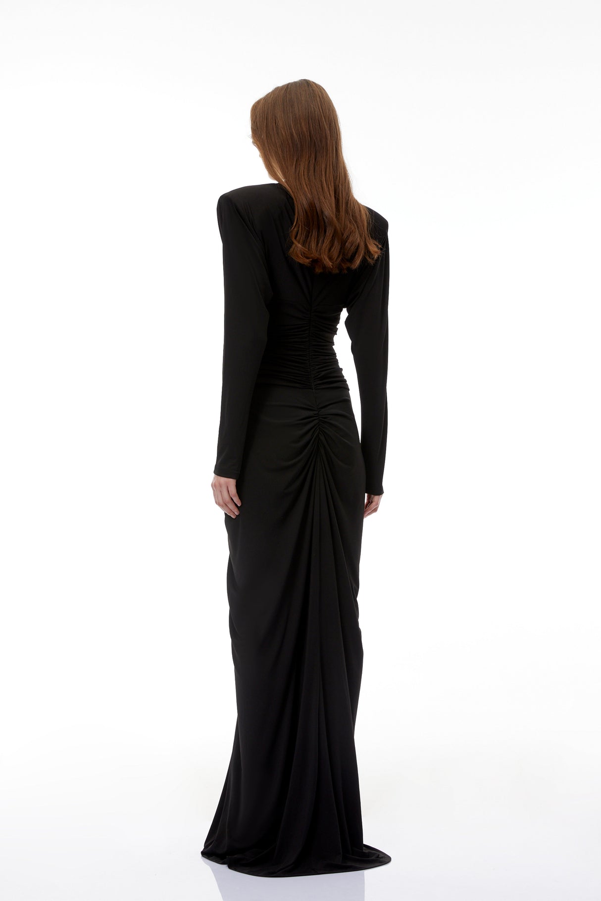 Aurohaya Genevra Black Embellished Ruched Maxi Dress