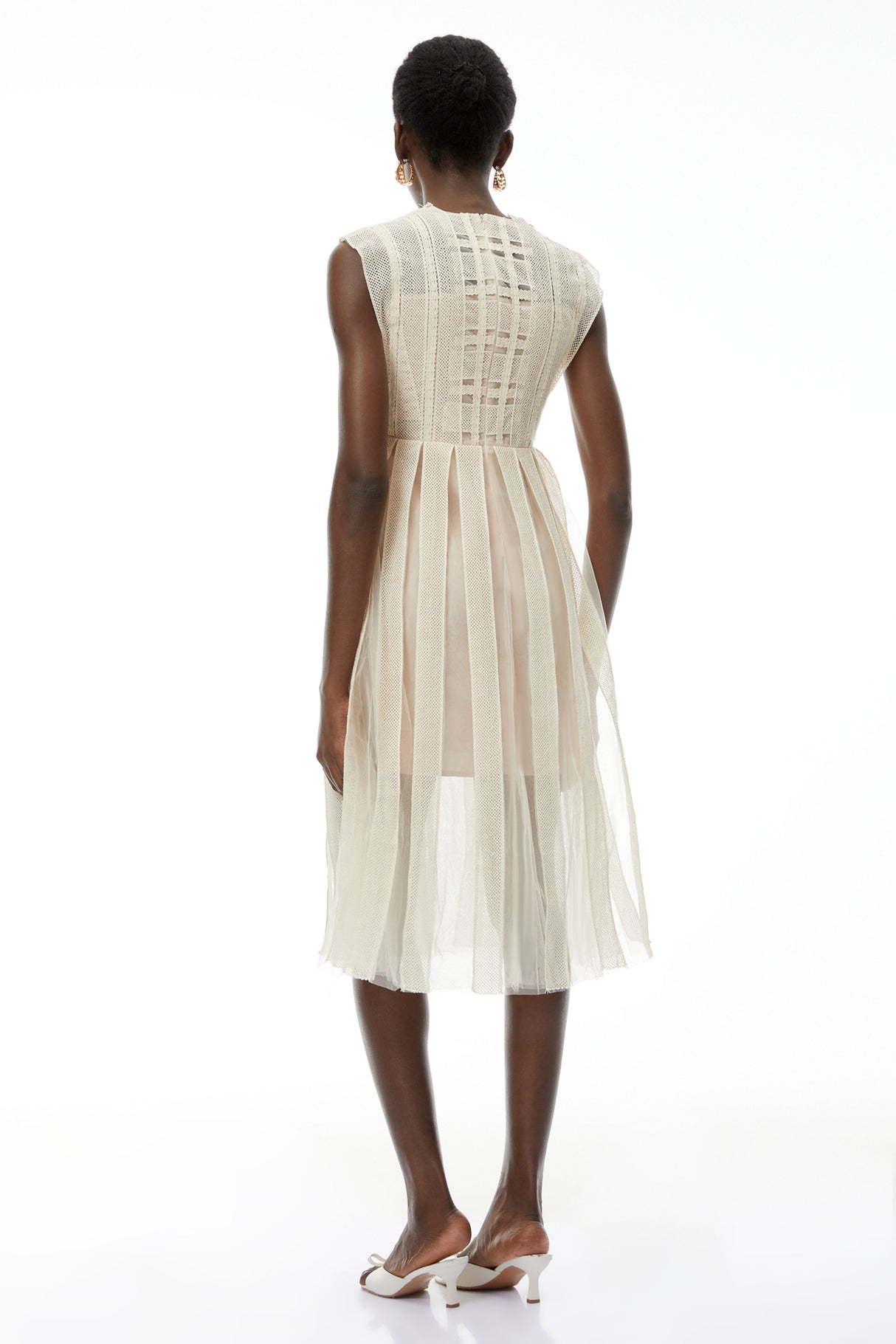 Aurohaya Georgette White Floral Embroidered Pleated Midi Dress