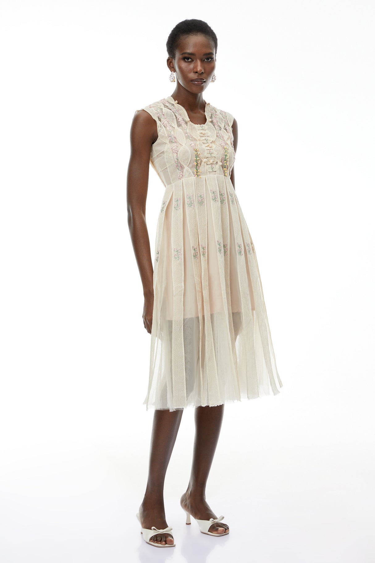 Aurohaya Georgette White Floral Embroidered Pleated Midi Dress