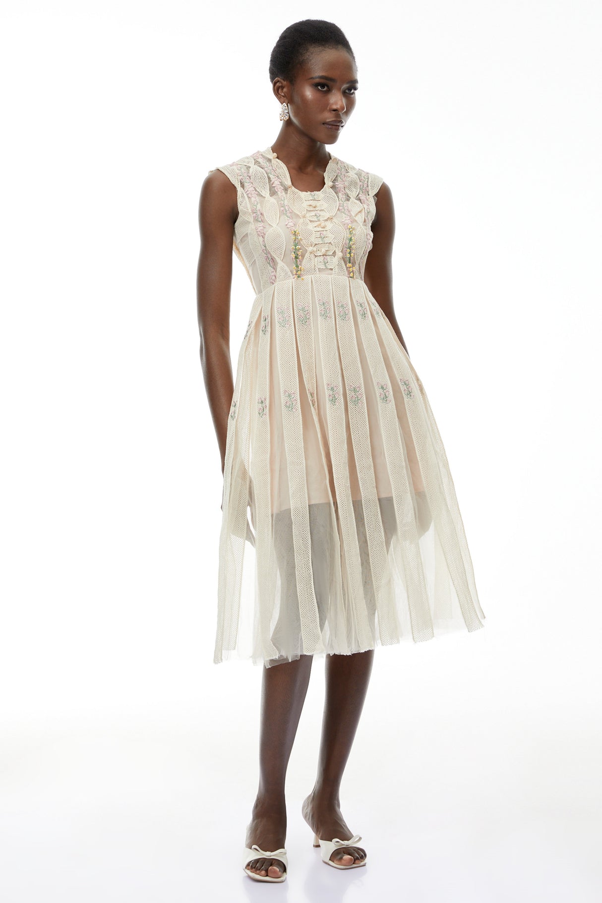 Aurohaya Georgette White Floral Embroidered Pleated Midi Dress