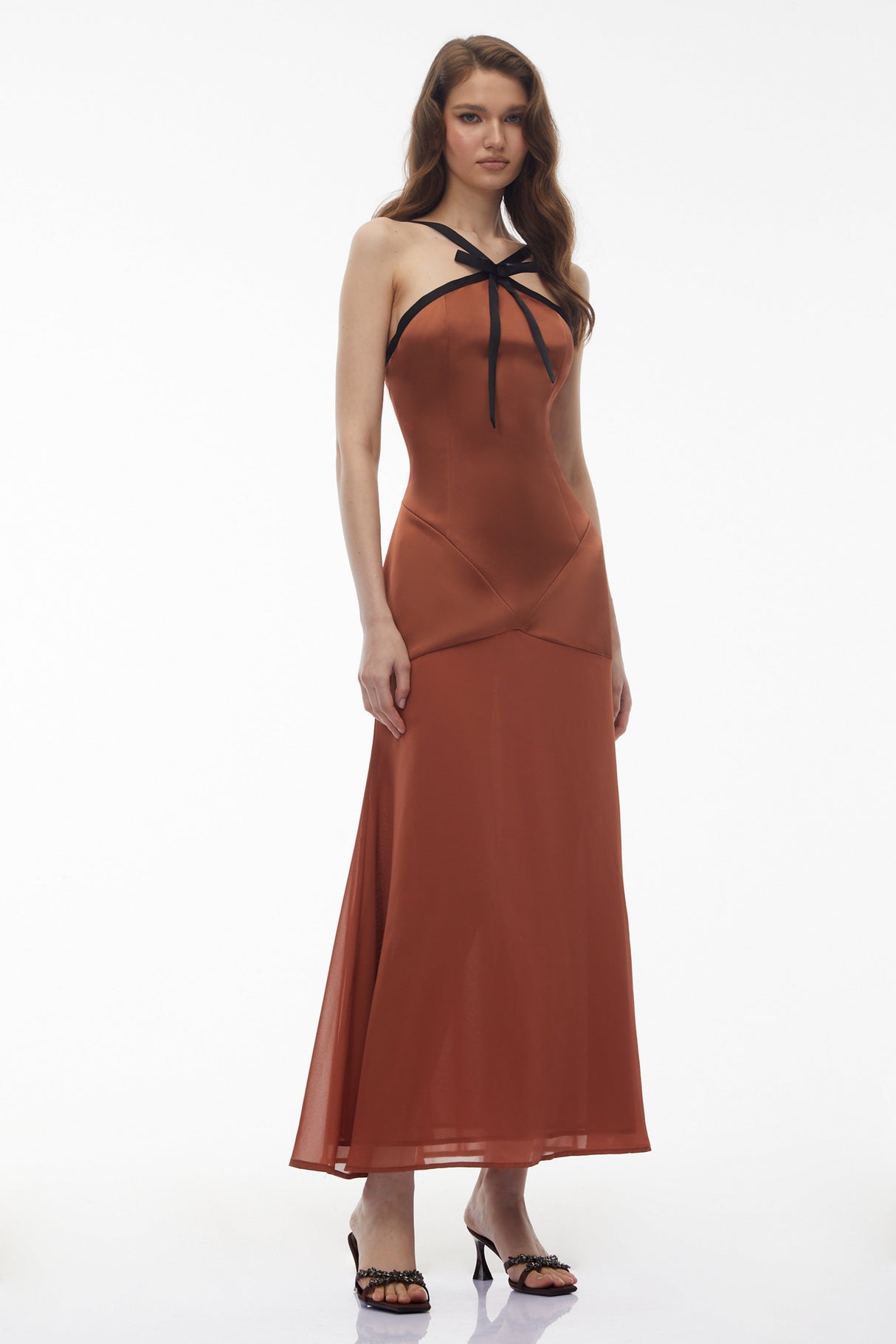 Aurohaya Ginevra Brown Halterneck Maxi Dress with Bow