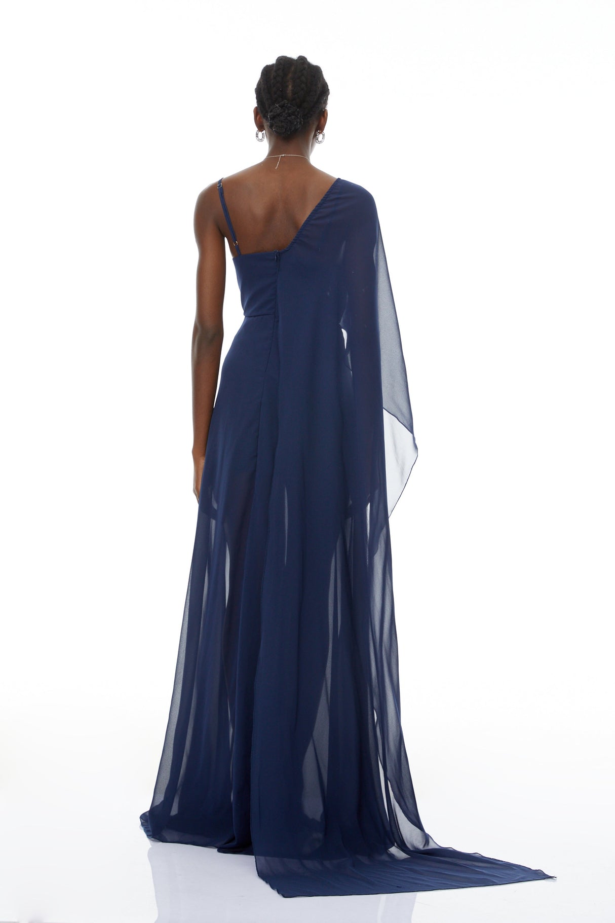Aurohaya Ginevra Navy One Shoulder Cape Maxi Gown