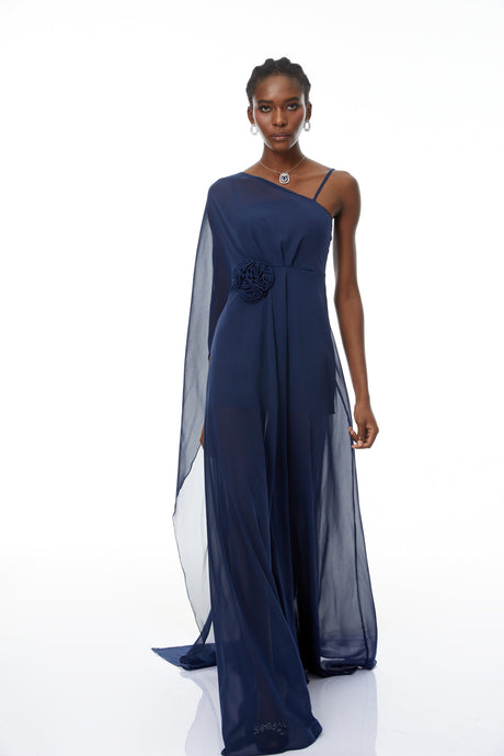 Aurohaya Ginevra Navy One Shoulder Cape Maxi Gown