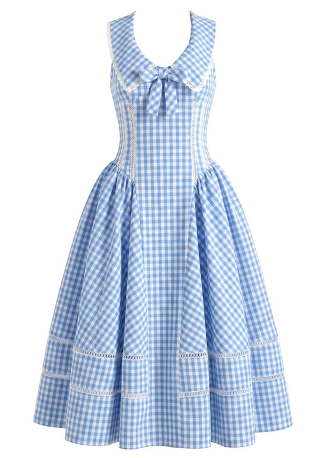 Gingham Corset A Line Midi Dress Blue