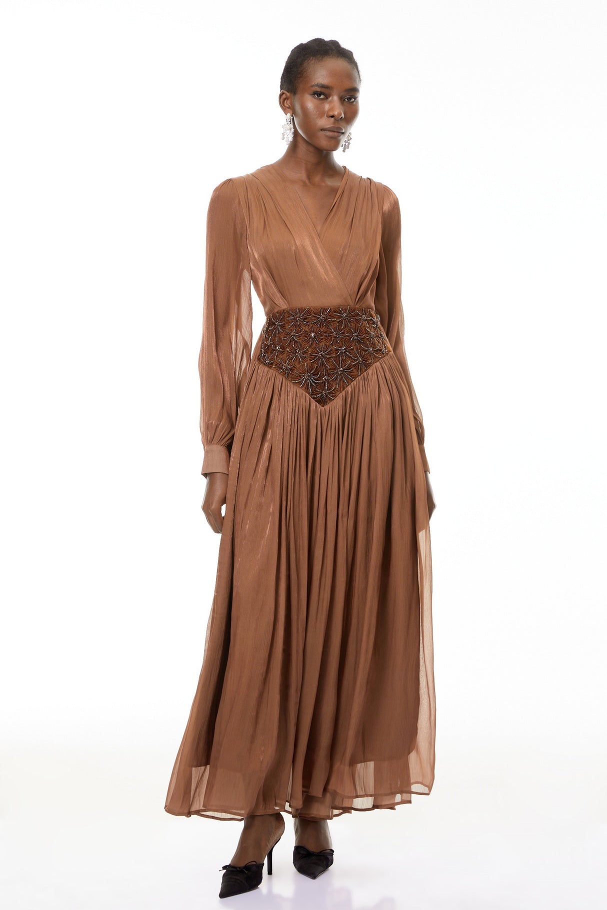 Aurohaya Gisela Brown Embroidered Ruched Maxi Dress