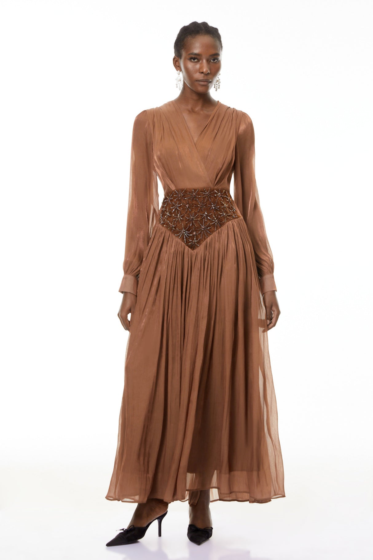 Aurohaya Gisela Brown Embroidered Ruched Maxi Dress