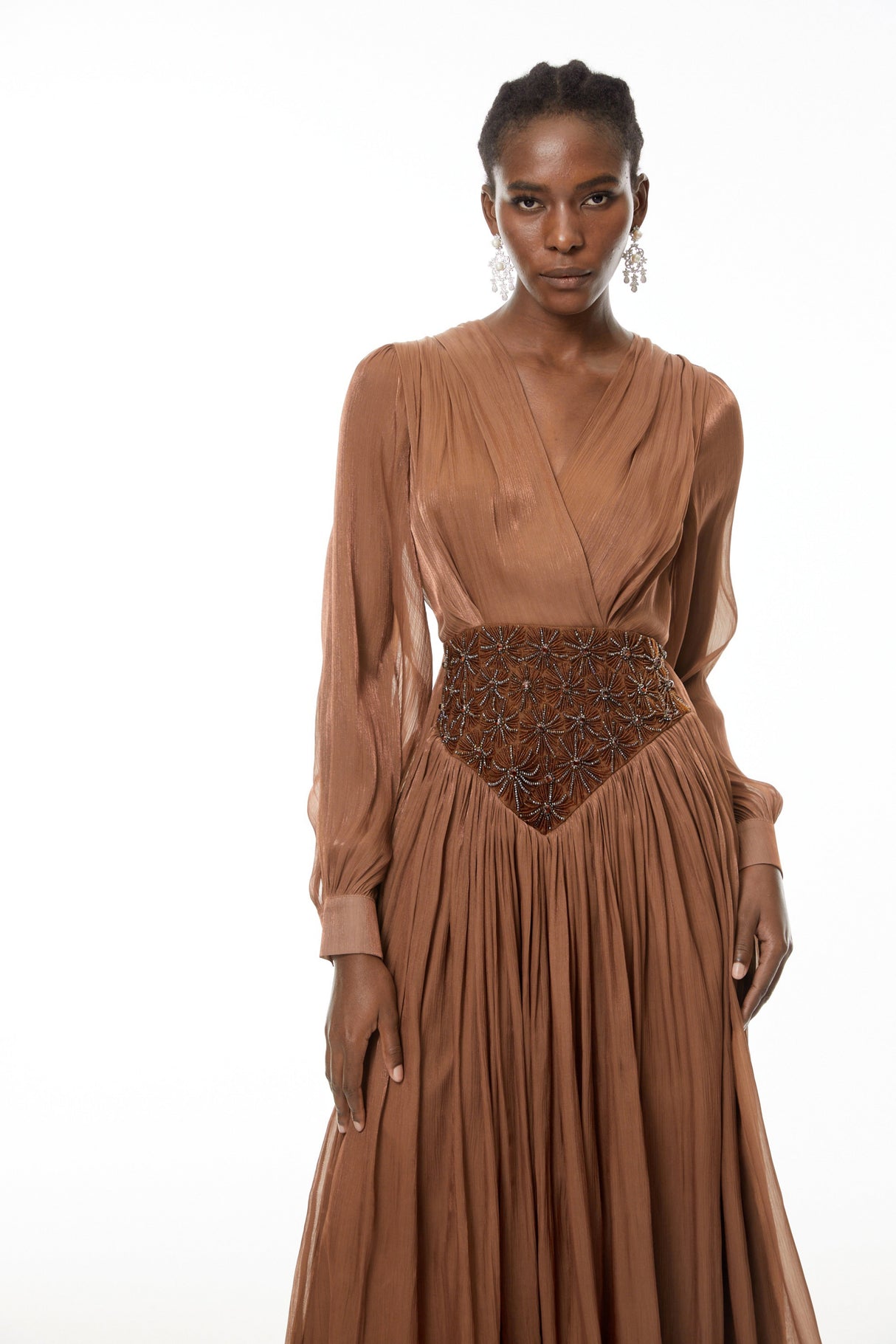 Aurohaya Gisela Brown Embroidered Ruched Maxi Dress