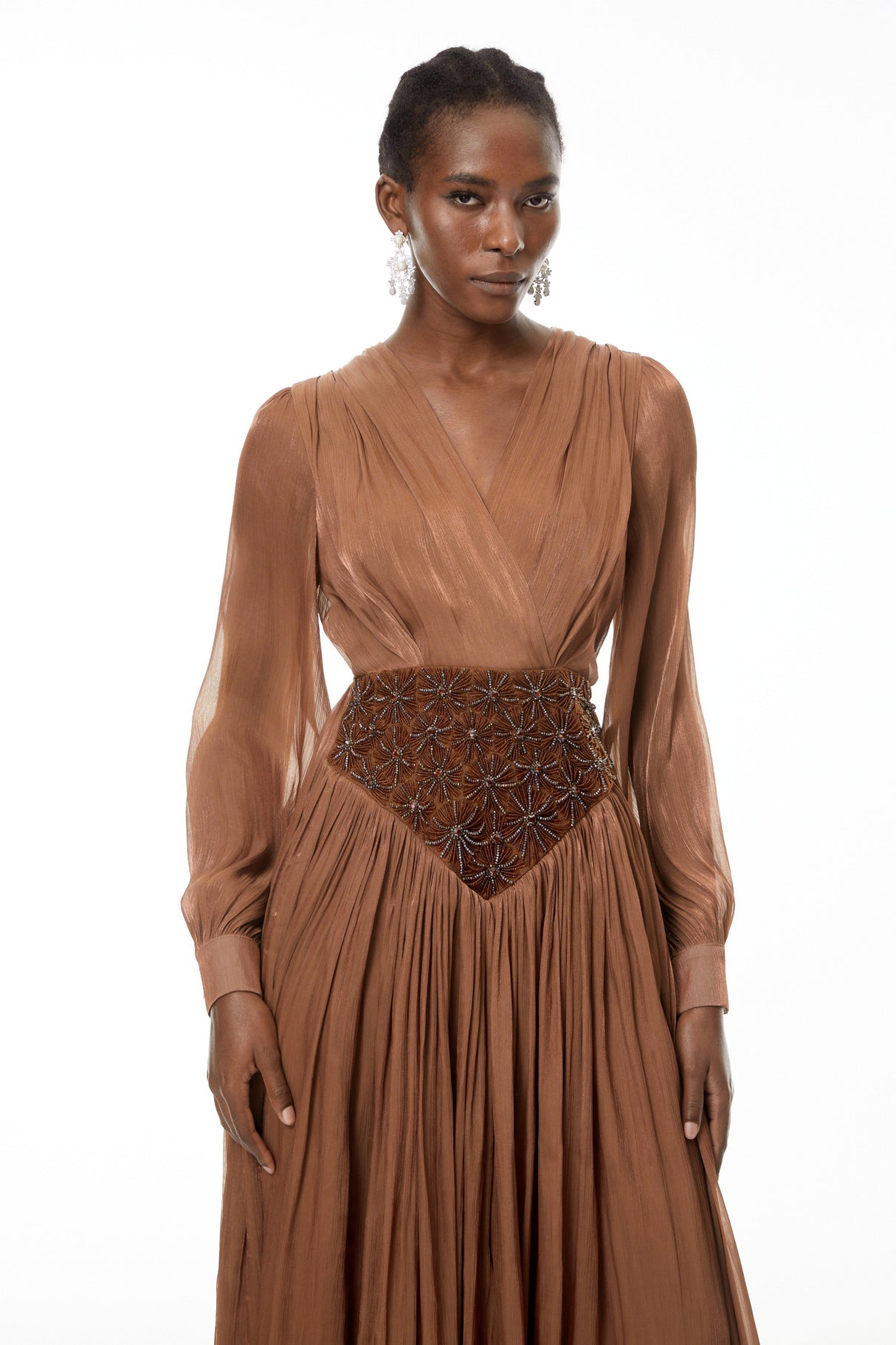 Aurohaya Gisela Brown Embroidered Ruched Maxi Dress