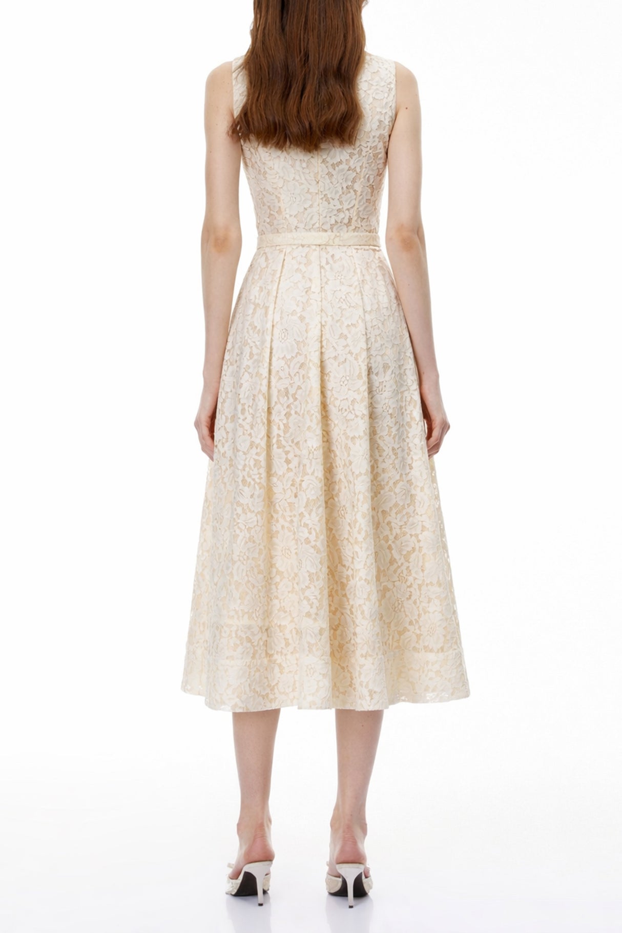 Aurohaya Golnar White Sleeveless Floral Lace Maxi Dress