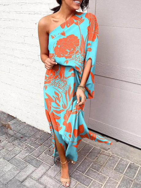 Aurohaya Exquisite Rose Print One Shoulder Slit Maxi Dress Green