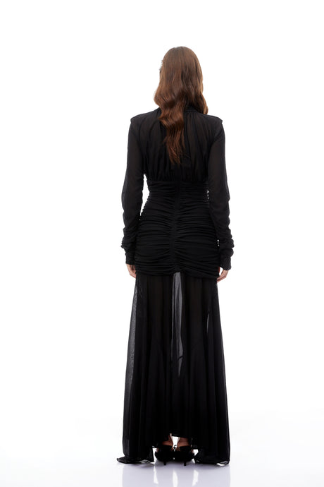 Aurohaya Greta Black Ruched Sheer Mesh Maxi Dress