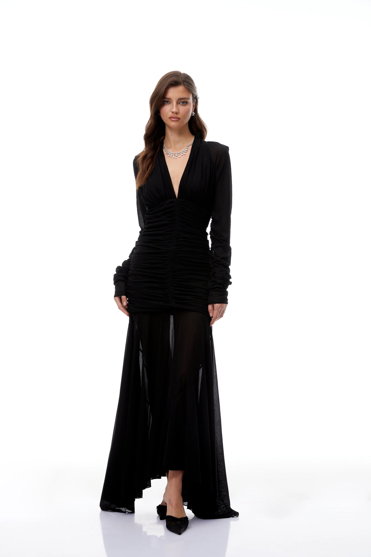 Aurohaya Greta Black Ruched Sheer Mesh Maxi Dress