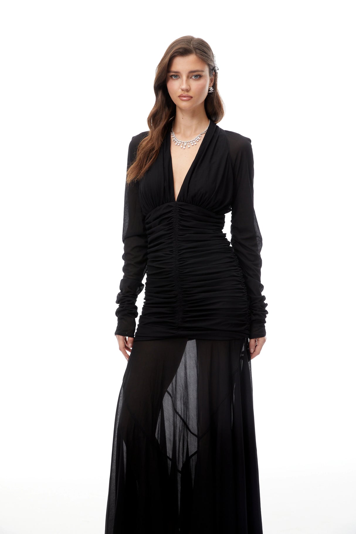 Aurohaya Greta Black Ruched Sheer Mesh Maxi Dress