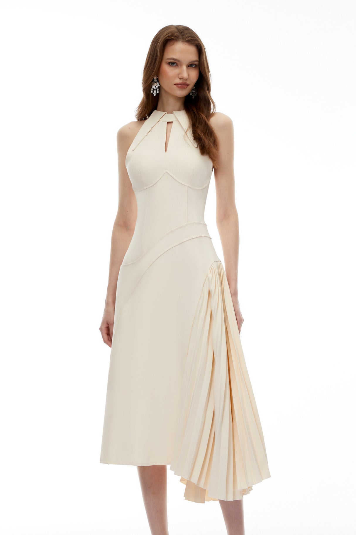 Aurohaya Griselda Neutral Halterneck Ruched Midi Dress