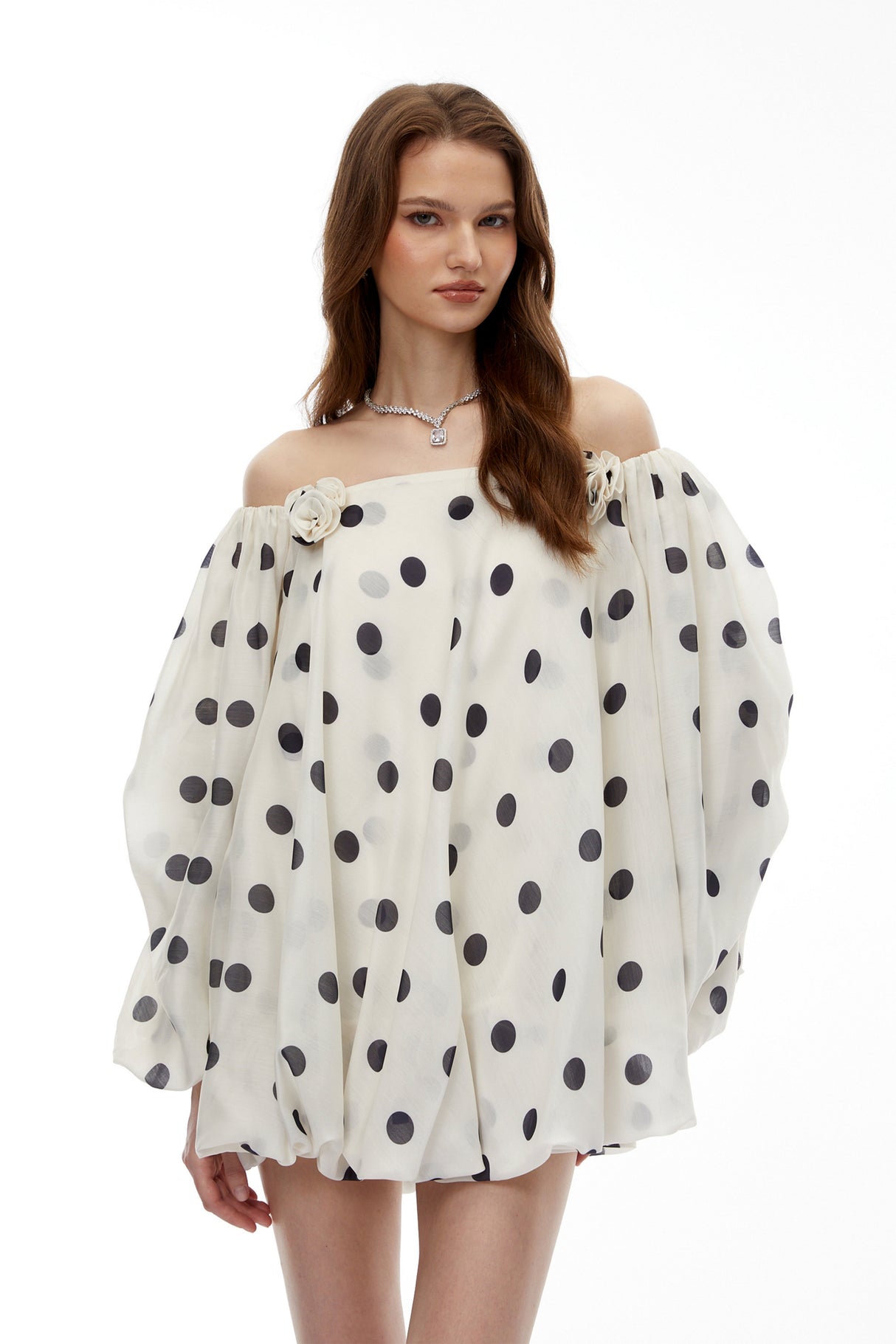 Aurohaya Gudrun White Off Shoulder Polka Dot Mini Dress