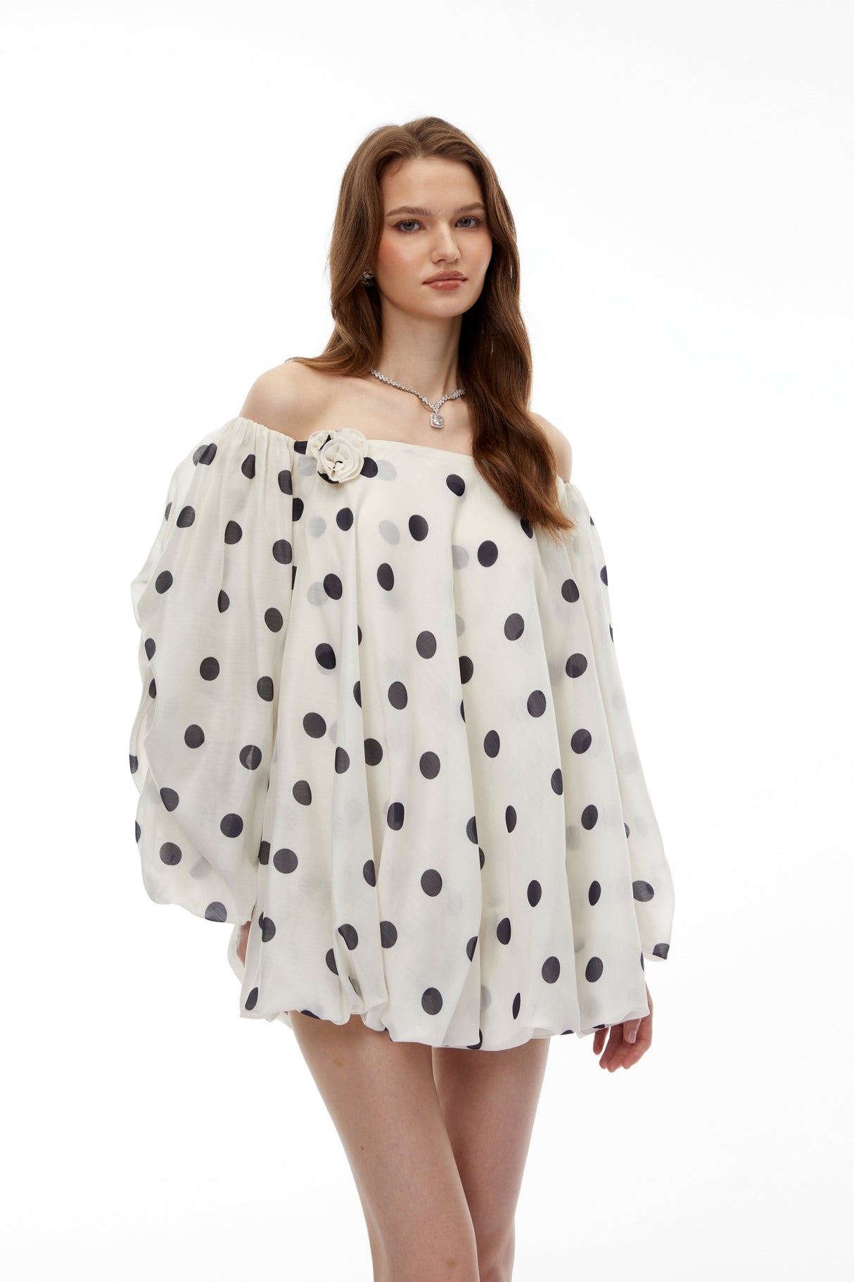 Aurohaya Gudrun White Off Shoulder Polka Dot Mini Dress