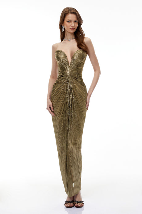Aurohaya Guillermo Gold Off-Shoulder Maxi Dress