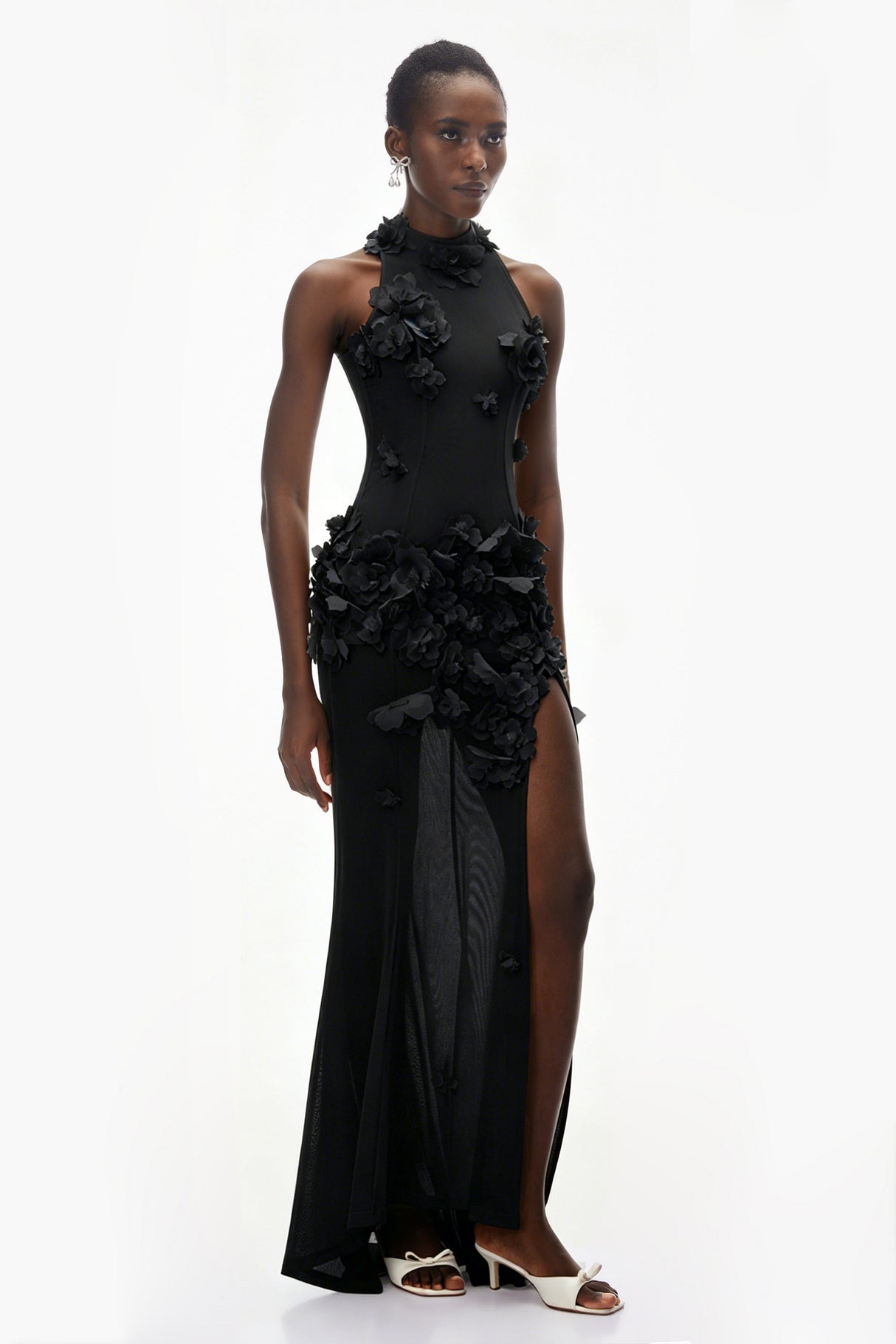 Aurohaya Guinevere Black Halterneck Maxi Dress with 3D Florals