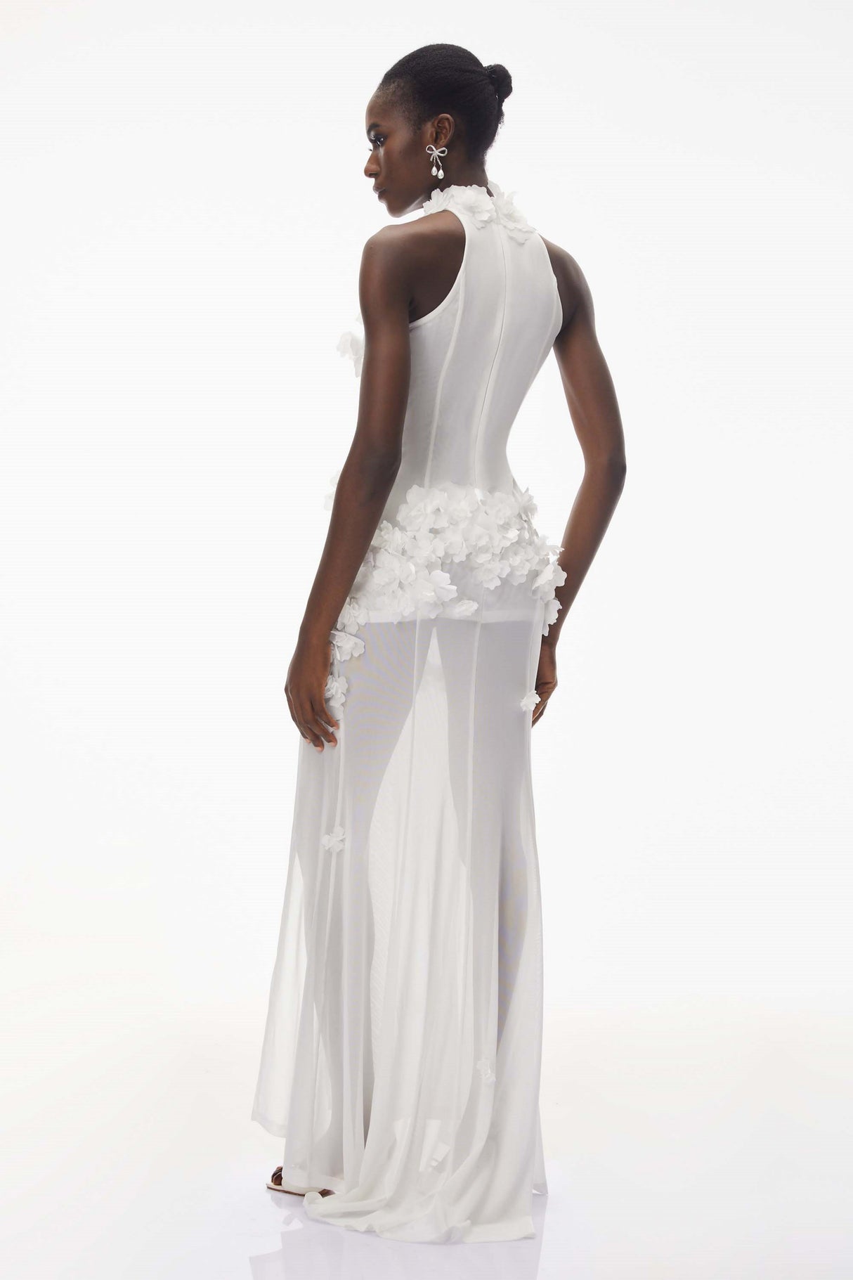 Aurohaya Guinevere White Halterneck Maxi Dress with 3D Florals