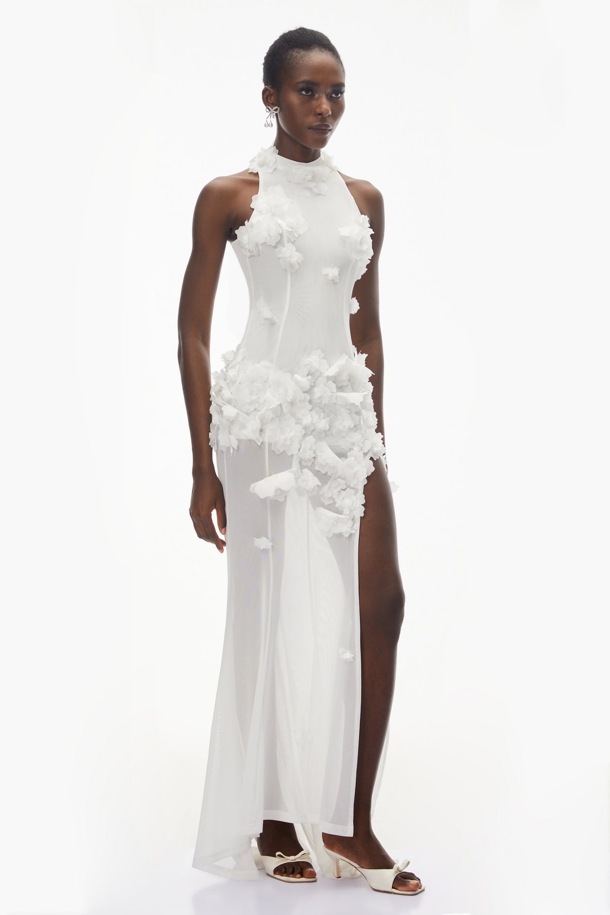 Aurohaya Guinevere White Halterneck Maxi Dress with 3D Florals