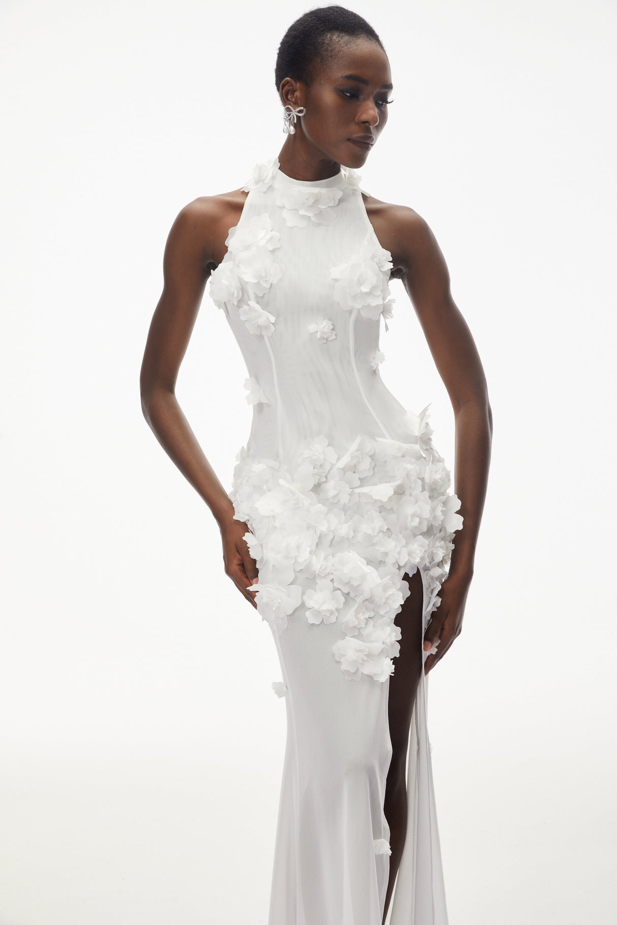 Aurohaya Guinevere White Halterneck Maxi Dress with 3D Florals