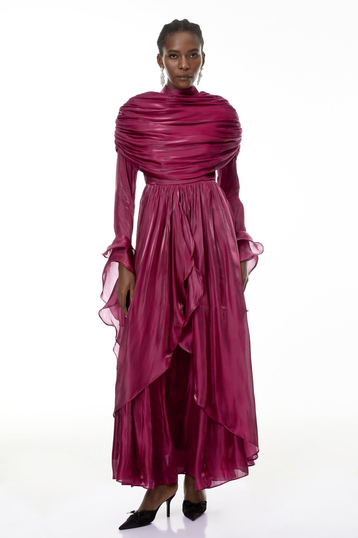 Aurohaya Gustave Burgundy Ruched Cape Ruffled Maxi Dress