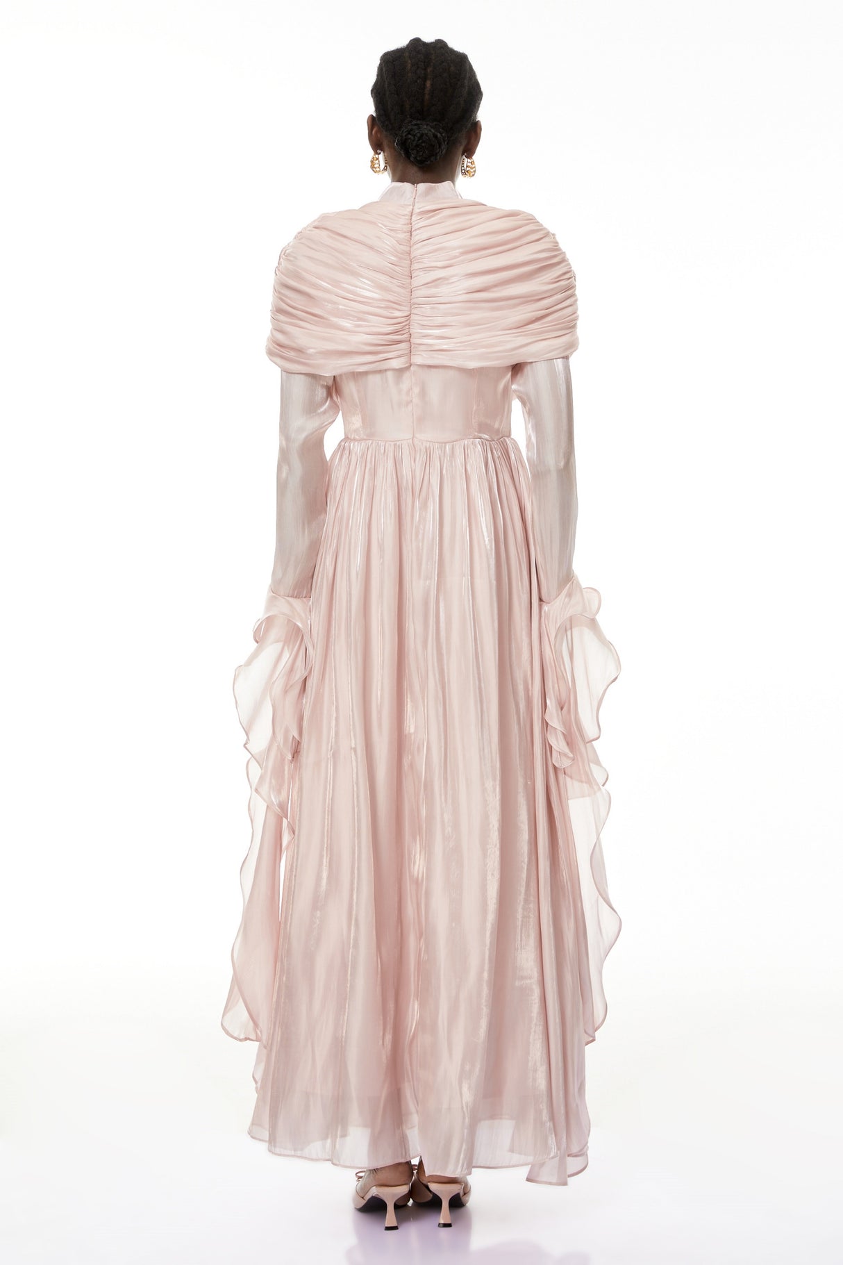 Aurohaya Gustave Pink Ruched Cape Ruffled Maxi Dress