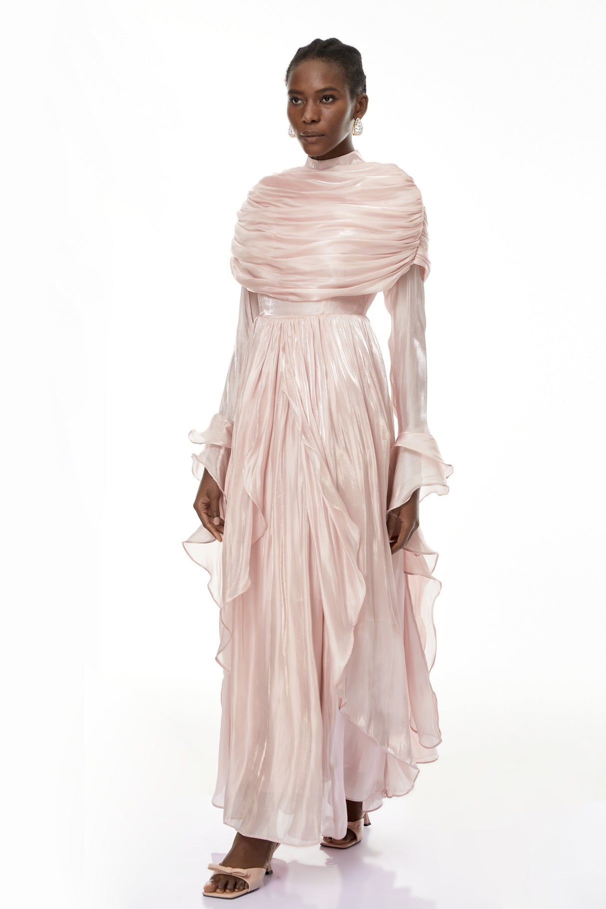Aurohaya Gustave Pink Ruched Cape Ruffled Maxi Dress