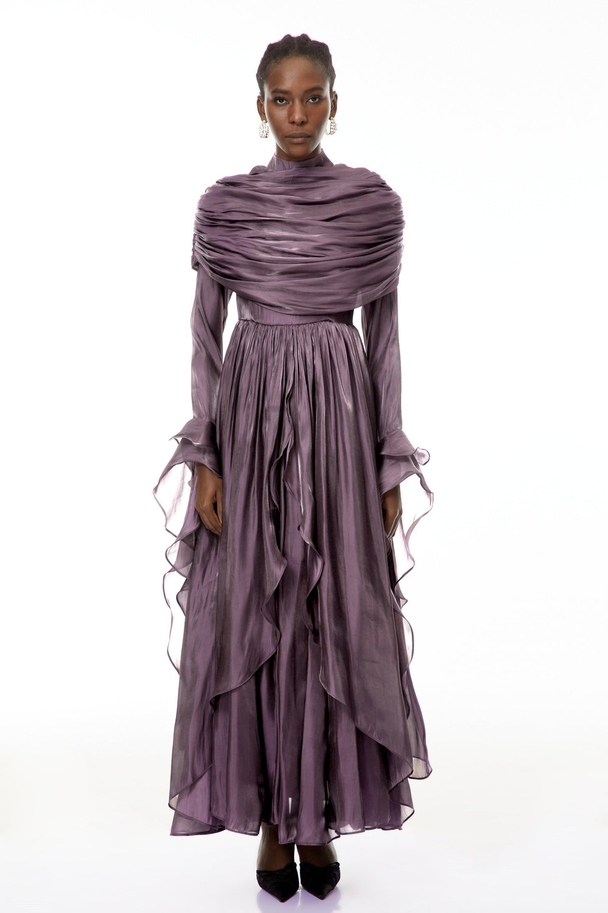 Aurohaya Gustave Purple Ruched Cape Ruffled Maxi Dress
