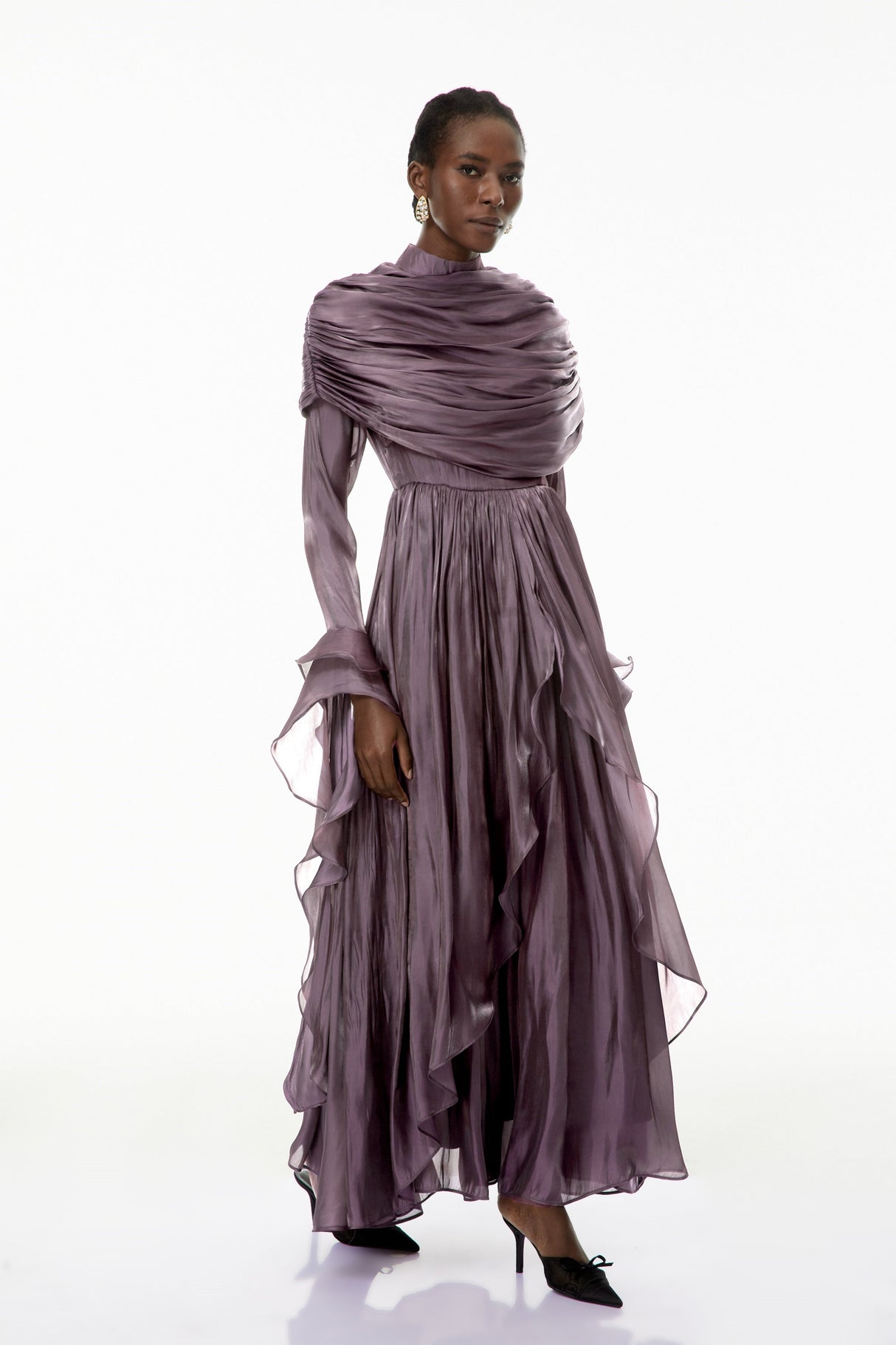 Aurohaya Gustave Purple Ruched Cape Ruffled Maxi Dress