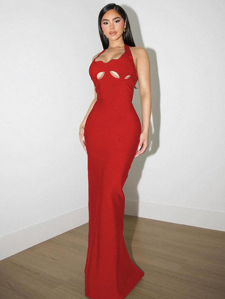 Aurohaya Noisette Halter Cut-Out Bodycon Maxi Dresses