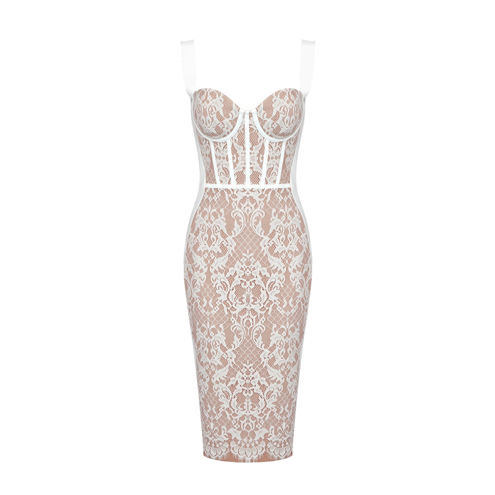 Aurohaya Thalia Lace Corset Midi Dress White