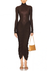 Aurohaya Charitina Brown Fitted Ruched Midi Dress