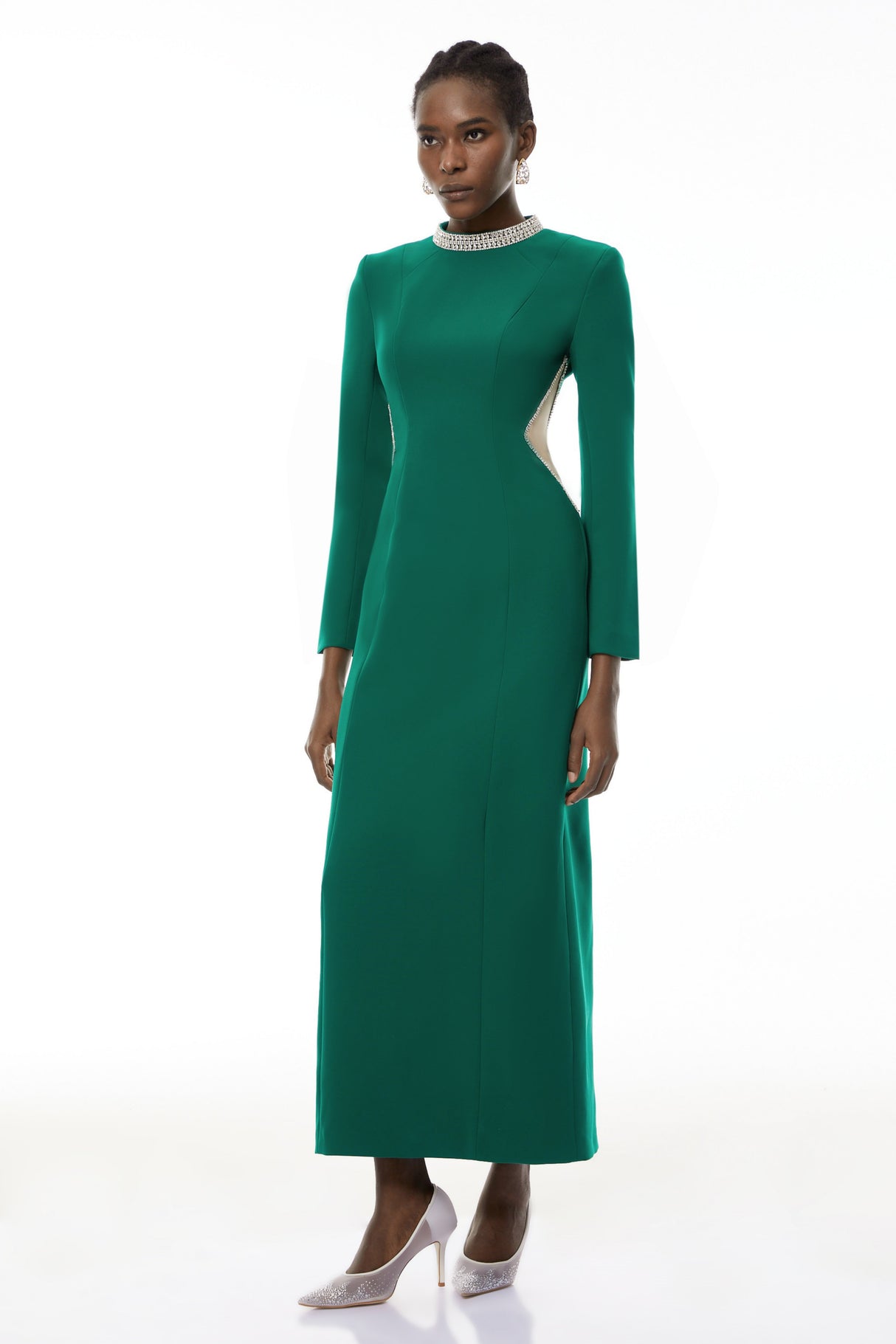 Aurohaya Hadley Green Cut-Out Crystal Maxi Dress