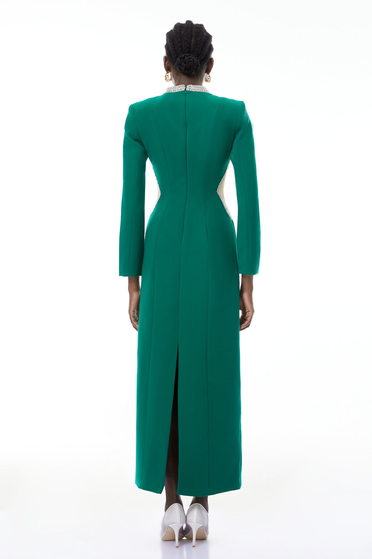 Aurohaya Hadley Green Cut-Out Crystal Maxi Dress