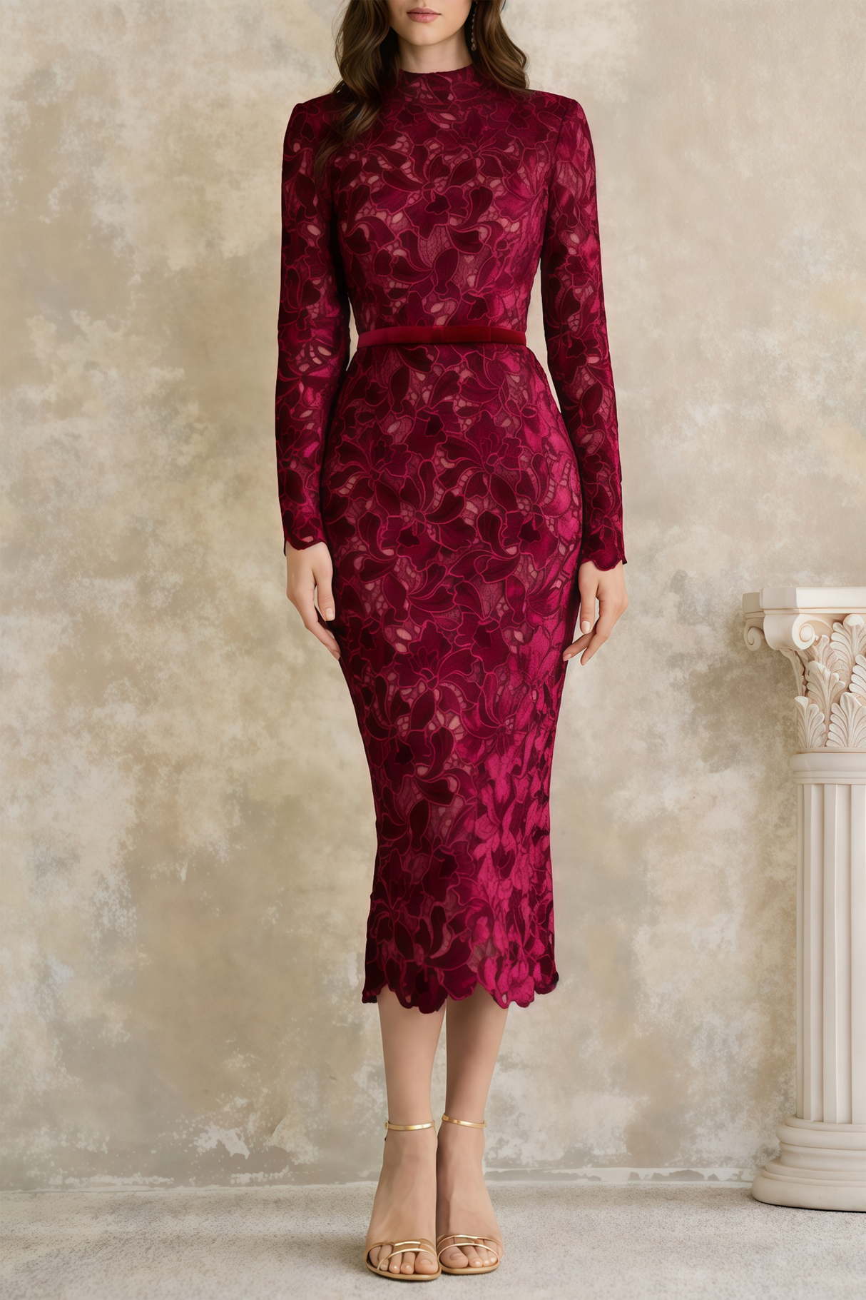 Aurohaya Hafdis Red Floral Embroidered Midi Dress