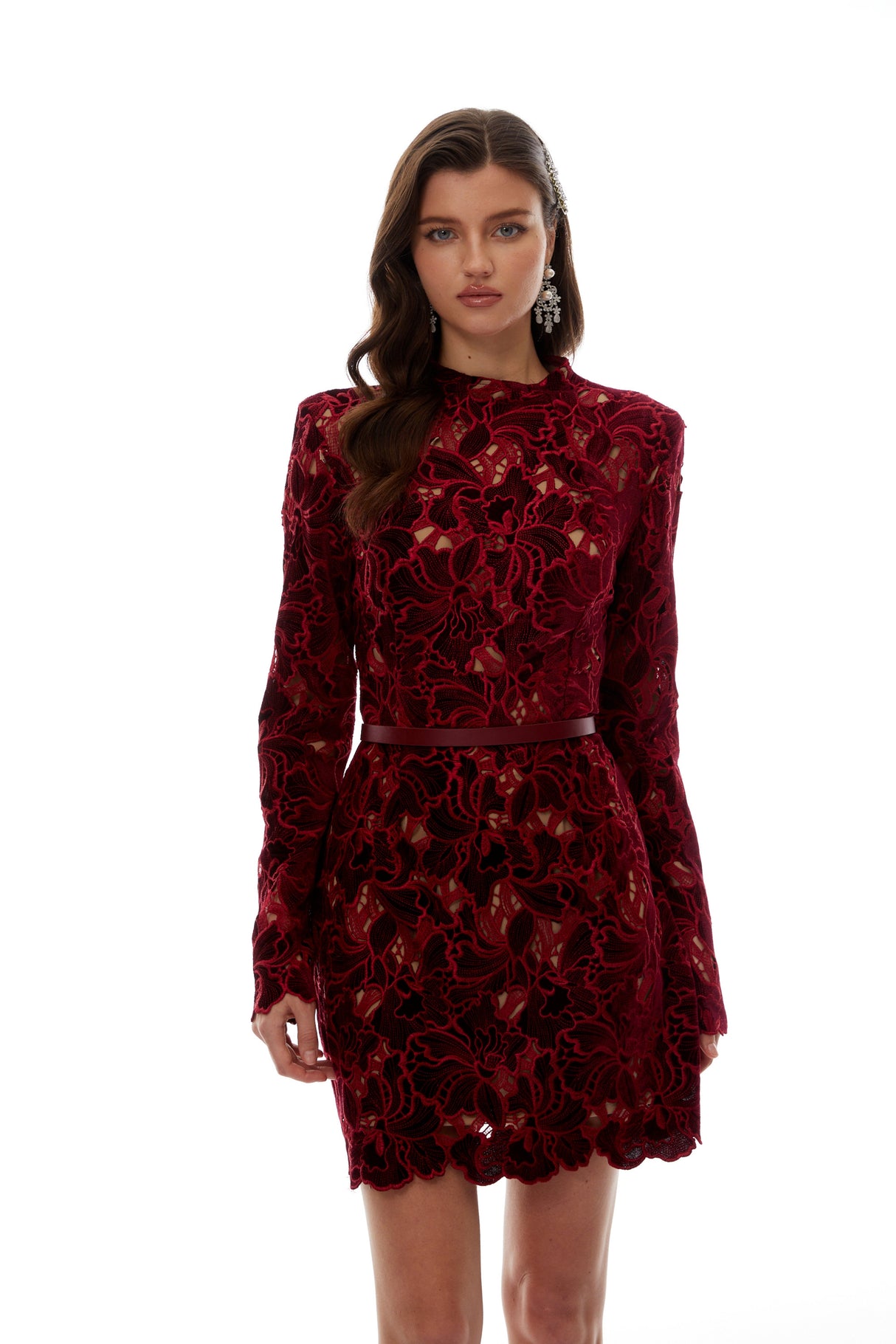 Aurohaya Hafdis Red Floral Embroidered Mini Dress